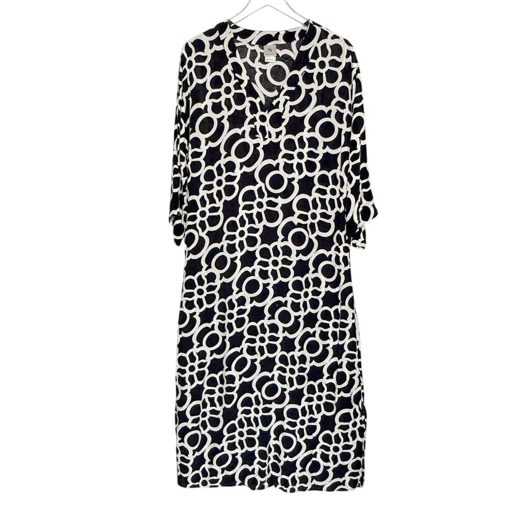Natori Lightweight Midi Kaftan Dress S Black White Abstract Print Lounge Comfort